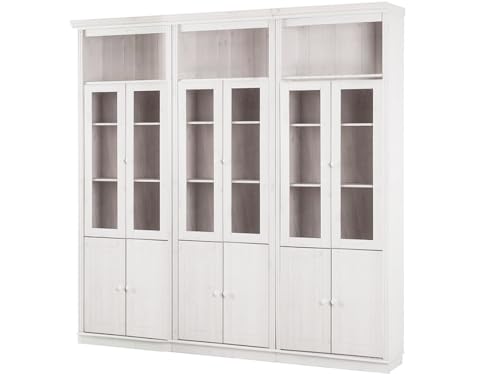 Anita Wall Unit L with 3 Bookcases, 6 Glass Doors, and 6 Wooden Doors in White Lacquer, 222 x 34 x 223 cm (W x D x H)
