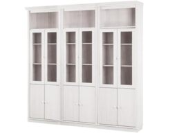 Anita Wall Unit L with 3 Bookcases, 6 Glass Doors, and 6 Wooden Doors in White Lacquer, 222 x 34 x 223 cm (W x D x H)