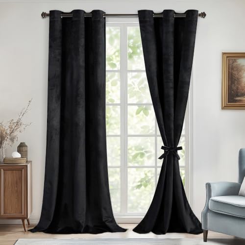 DWCN Velvet Blackout Curtain Panels - Black Grommet Top Thermal Insulated Bundleable Window Treatment Set Home Decor Modern Curtains for Bedroom Living Room W42 x L96, 2 Panels