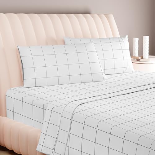 "Carressa Linen 100% Egyptian Cotton Queen Sheet Set - 600 Series Hydrangeas Printed Egyptian Cotton Queen Sheets Set (4 PC, White Chex), 16"" Deep Pocket Sateen Weave Luxury Hotel Bed Sheet"