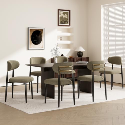 MALOL Dining Chairs Set of 6, Fabric Chairs for Dining Room with Metal Legs & Curved Backrest & Thick Cushion, Upholstered Kitchen Chair with Anti-Slip Pads, Brown