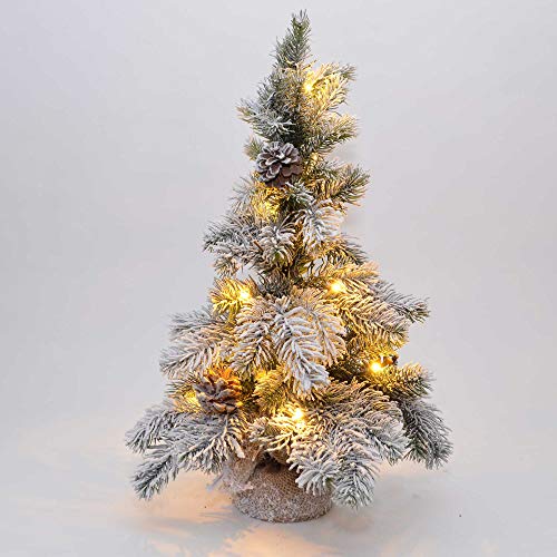 SHATCHI Table Mantel Centrepiece Pre Lit LED Christmas Tree Frosted Tips with Pine Cones Flocked Snow Covered Xmas Tree with Burlap Base for Decoration