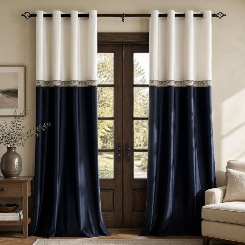 GIGIZAZA Velvet Curtains 96 Inch for Living Room 2 Panels Beige Navy - Light Blocking Drapes,280gsm Thick Soft Fabric,Luxury Window Treatment Curtain for Bedroom,Modern Decor,Grommet Top