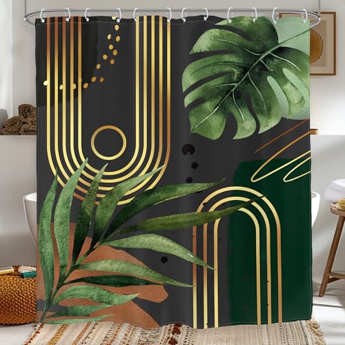Dark Green Gold Shower Curtain Abstract Tropical Plant Bathroom Curtain Set - Boho Mid Century Minimalist Modern Geometric Palm Leaf Simple 60Wx72L Bathroom Decor Waterproof Fabric with Free Hooks