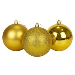 25cm/3Pcs Large Deep Gold Baubles PVC Shatterproof Glossy, Matt, Glitter Finish Christmas Balls Ornaments Assorted Set- Festive Xmas Tree Hanging Decorations, Round Ornament for Holiday Home Decor