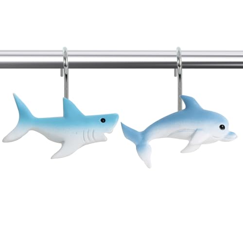 CTOHN 12-Piece Shark Shower Curtain Hooks, Cute Dolphin Fish Stainless Steel Decorative Shower Hangers Rings for Sea Ocean Bathroom Decor