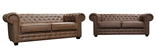 Sofas and More Astor Chesterfield Style Sofa Set 3+2 Seater Armchair Brown Faux Leather (3+2 Seater)