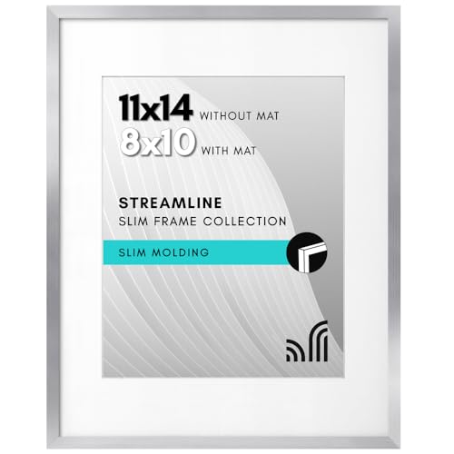 Americanflat 11x14 Picture Frame in Silver - Displays 8x10 With Mat and 11x14 Without Mat - Horizontal and Vertical Formats for Wall