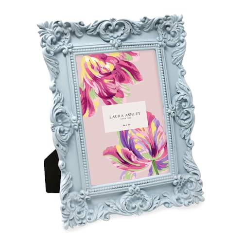 Laura Ashley 4x6 Powder Blue Ornate Textured Hand-Crafted Resin Picture Frame w/Easel & Hook for Tabletop & Wall Display, Decorative Floral Design Home Décor, Photo Gallery, Art (4x6, Powder Blue)