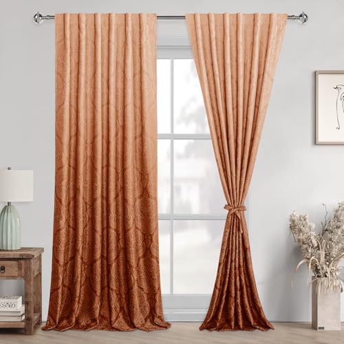 DWCN Full Ombre Curtains for Bedroom - Room Darkening Damask Design 84 inches Long Thermal Insulted Tieable Window Drapes Light Blocking Curtains for Living Room, 2 Panels, W52 x L96, Burnt Orange
