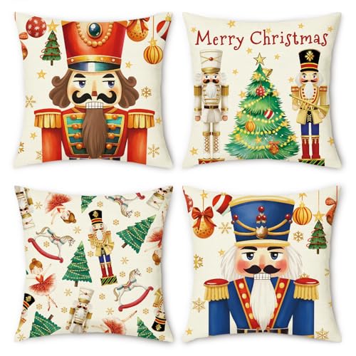 NymphFable Linen Nutcracker Throw Pillow Covers 45x45 cm Set of 4 - Classic Christmas Decorative Pillow Covers, Festive Holiday Home Decor, for Couch Bed Chair Sofa Living Room