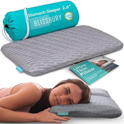 "BLISSBURY Thin 2.6"" Stomach Sleeping Memory Foam Pillow. Slim, Flat, Cooling Sleep for Belly or Back with Soft Bamboo Washable Cover, Neck and Head Support for Men and Women Bedding Accessories"