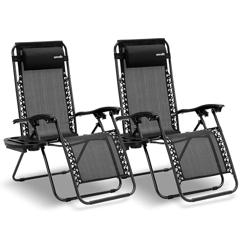 SereneLife Zero Gravity Lounge Chair, Adjustable Steel Mesh Recliners, with Removable Pillows and Cup Holder Trays, Side Tables, Set of 2, Black