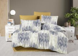 Nuit Des Rêves Double Quilt Cover Set (200 x 200 cm), Mustard & Dark Blue, 50% Cotton/50% Polyester, 2 Pillowcases (80 x 80 cm), Button & Envelope Closure, 127 TC, Machine Washable