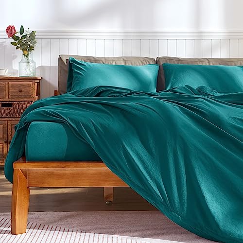 CHUN YI Double Duvet Cover Sets, Washed Microfiber Plain Bedding Duvet Covers Set with Zipper Closure & 8 Corner Ties, Breathable & Ultra Soft Duvet Cover for Summer(Teal Green, Double)