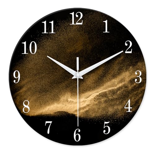 Constantplanet Black and Glod Wall Clock Battery Operated 16 Inch - Round Glass Wall Clocks for Living Room Bedroom Kitchen Decor Silent Wall Clock Non Ticking