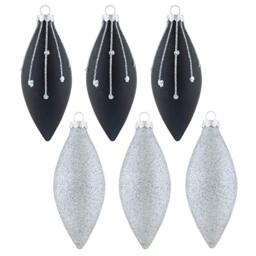 Mr Crimbo 6 Pack Christmas Tree Baubles Long Glass Decorations 13cm Silver/Black