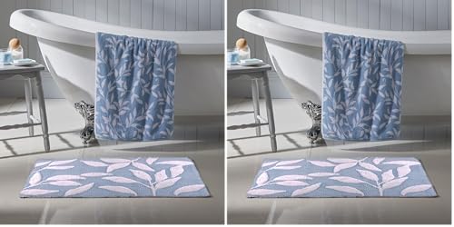Dreams & Drapes Blue Leaf Bath Mat – 50x80cm – 100% Cotton – Soft & Absorbent – Botanical Floral Design – Light Blue Bathroom Mat – Non-Slip – Machine Washable – Bathroom Accessory (Pack of 2)