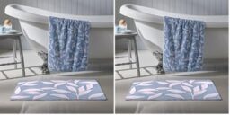 Dreams & Drapes Blue Leaf Bath Mat – 50x80cm – 100% Cotton – Soft & Absorbent – Botanical Floral Design – Light Blue Bathroom Mat – Non-Slip – Machine Washable – Bathroom Accessory (Pack of 2)