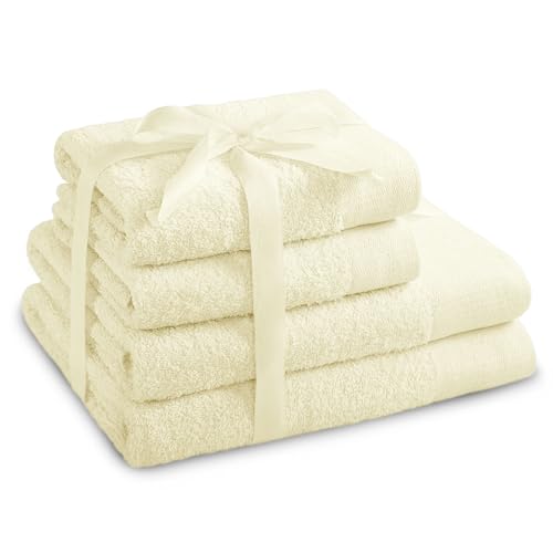 AmeliaHome Set 4pcs 2 Towels 50x100 cm and 2 Bath Towels 70x140 cm 100% Cotton Absorbent Ecru Cream Amari