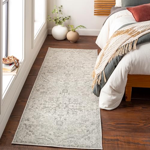 Livabliss Lou Asmara Vintage Runner 80x220 cm – Scandi Neutral Boho Style for Hallway & Living Room, Traditional Pattern, Easy Care Floor Covering, Light Grey