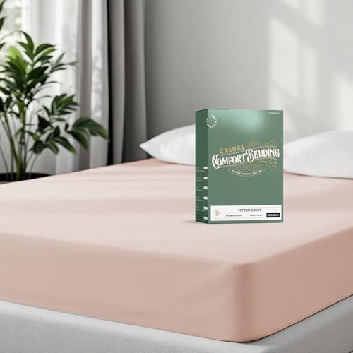 "TEXAS LINEN CO. 100% Organic Cotton Percale Weave Fitted Sheet California King Size, Blush, 1 Deep Pocket Cal King Fitted Sheet, Fits Mattress Upto 16"" Crisp and Cool Bed Linen, Luxury GOTS Certified"