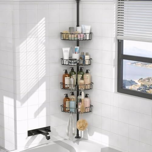 COSYLAND Rustproof Bathroom Corner Shower Caddy with Tension Pole ??? 4 Adjustable Shelves for Shampoo, Conditioner & Bath Accessories Storage, Fits 22 to 125 Inches Height (Black)