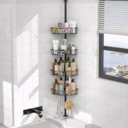 COSYLAND Rustproof Bathroom Corner Shower Caddy with Tension Pole ??? 4 Adjustable Shelves for Shampoo, Conditioner & Bath Accessories Storage, Fits 22 to 125 Inches Height (Black)