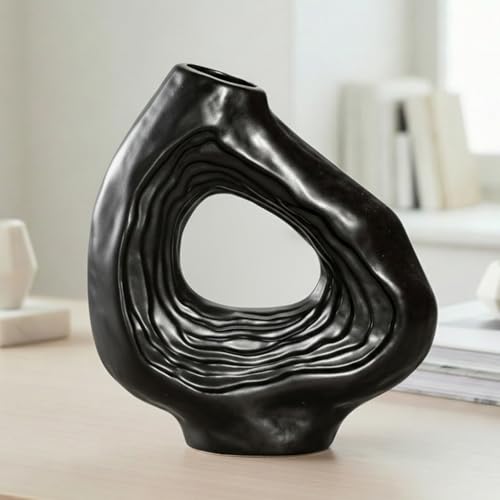 Sunddo 9 Inch Donut Black Ceramic Vase - Donut Shape, Minimalist Boho Style, Modern Home Decor, Table Centerpiece