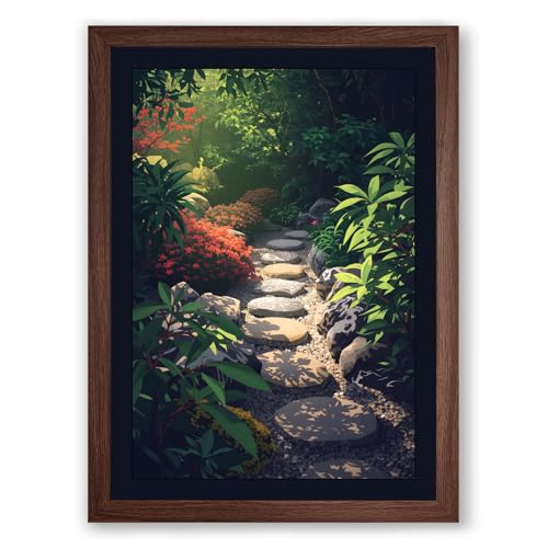 Garden Path into Shadow Boho Framed Wall Art Print A4 (29.7×21cm) Walnut, Wall Decor for Living Room, Bedroom, Office & Home, Ready to Hang, Art Gift