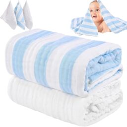 Muslin Baby Bath Towel Set, HardNok 2 Large Gauze Super Soft Baby Bath Towel and 3 Washcloths, 6 Layers 100% Cotton Infant Towel Newborn Towel Blanket Suitable for Baby's Delicate Skin(Bule)
