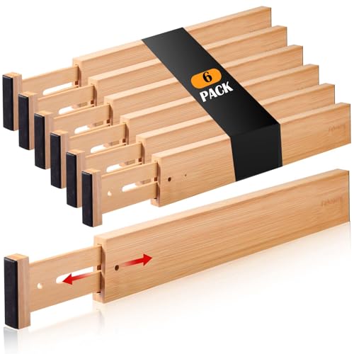 Fabsome Drawer Divider 6 Pack, Bamboo Kitchen Dividers Organizers Adjustable 17''-22'', Wooden Dresser Separators for Nursery Organization Clothes Socks Underwear Baby Clothing, with Soft Foam Ends