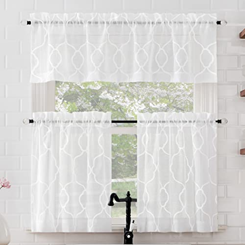 "No. 918 Allerton Embroidered Trellis Light Filtering Rod Pocket Kitchen Curtain Valance and Tiers Set, 52"" x 24"", White"