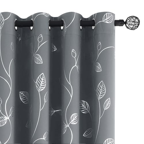 BUHUA Wave Silver Leaf Print Blackout Curtains for Living Room Darkening Curtains Light Blocking Curtains for Bedroom 38W??84L Light Grey 2 Panels