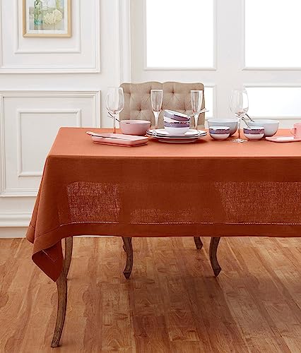Solino Home 100% Linen Tablecloth Cinnamon, Classic Hemstitch 60 x 144 in - Classic Hemstitch Table Cloth For Fall, Halloween, Thanksgiving Dining, Home Decor, Indoor & Outdoor Use, Parties, Gifting
