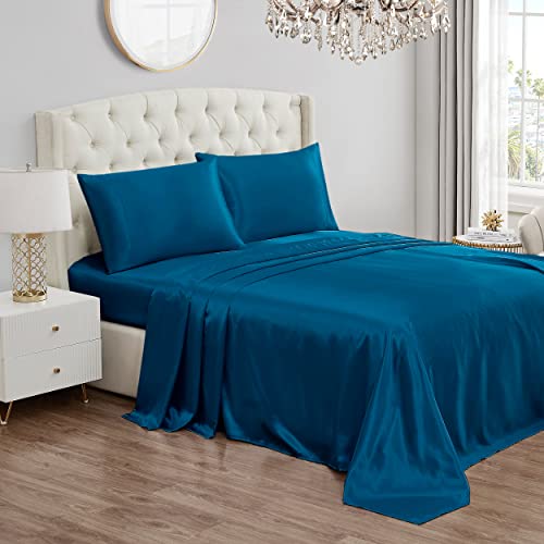 Juicy Couture Satin Sheet Set - Silky Smooth Bed Sheets - 4 Piece Sheet Set Includes Fitted Sheet, Flat Sheet and 2 Pillowcases - Wrinkle Free & Anti-Pilling - Royal Blue