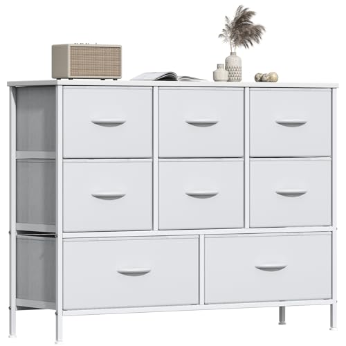 GoaHi Chest of Drawers, Fabric Dressers with Metal Frame and MDF Wooden Top Board, Adjustable Feet, Anti-Tip Safety, Storage Unit with 8 Drawers for Bedroom, Living Room, Closet, White