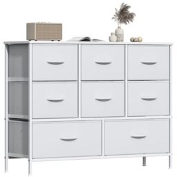 GoaHi Chest of Drawers, Fabric Dressers with Metal Frame and MDF Wooden Top Board, Adjustable Feet, Anti-Tip Safety, Storage Unit with 8 Drawers for Bedroom, Living Room, Closet, White