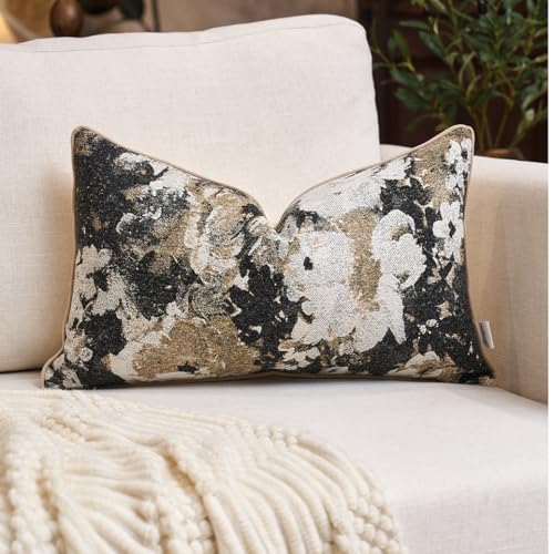 Yangest Neutral Flower Pillow Cover 12 x 20 Inches, Nature Chenille Rectangle Throw Pillow Cover Soft Luxury Accent Couch Pillow Cover for Living Room Bedroom, Black