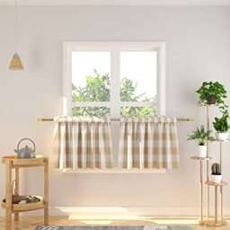Natus Weaver Window Curtain Valances 16 inches Long 2 Panels Buffalo Check Small Curtain Rod Pocket Classic Country Farmhouse Kitchen Tier Curtains -Beige & White