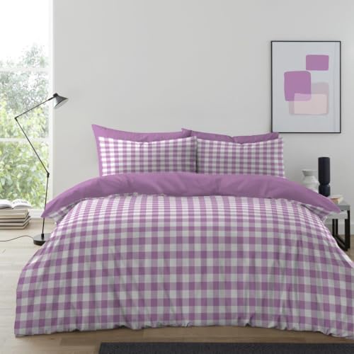 GC GAVENO CAVAILIA Gingham Check Duvet Cover Single - 2 Piece Tartan Bedding Check Single Duvet Cover Set With Pillowcase - Washable Reversible Microfiber Plain Quilt Cover Set - (135x200 Cm), Lilac