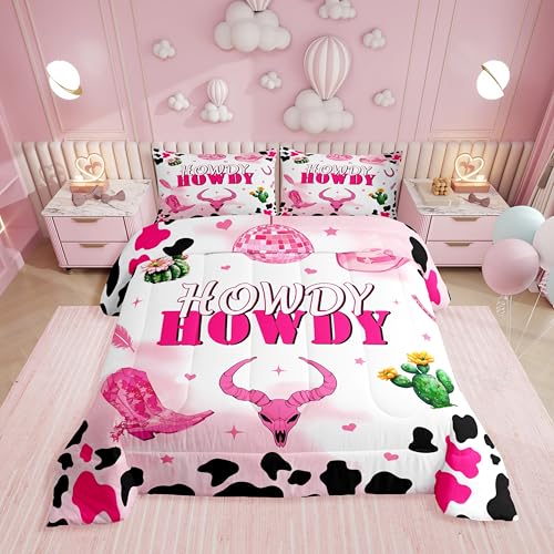 Erosebridal Western Style Twin Comforter Set,Pink Disco Cowgirl Bedding Sets for Girls Kids Teen,Cow Print Quilt Bed Set,Bull Skull Cactus Horseshoe Bedroom Decor,1 Pillowcase Lightweight