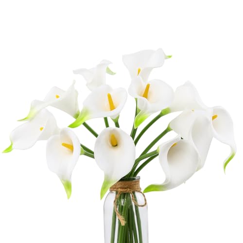DuHouse 12Pcs Artificial Calla Lily Flower Real Touch Latex Flowers for DIY Wedding Bouquet Party Home Decor(White-Yellow Core)