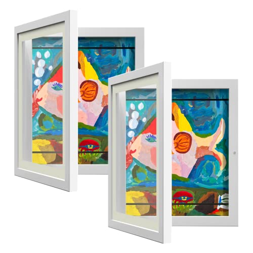 2 Pack Kids Art Frame, Kids Artwork Frames Changeable 8 x10.5 with Mat and 9 x12 Without Mat, White Front Opening Children Picture Storage Frame for Wall Holds 50Pcs Crafts, Drawing, Art Projects