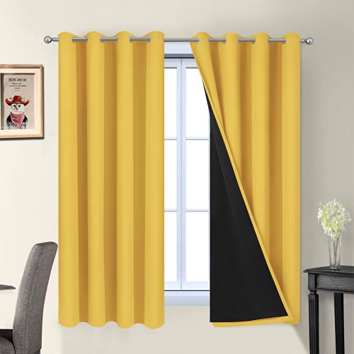 "Yakamok Mustard Yellow Blackout Curtains Panels 63 Inches Long, 52"" Wide - Blackout Curtain Panels for Bedroom, 2 Thick Layers Grommet Top Thermal Insulated Drapes with Black Liner for Living Room"