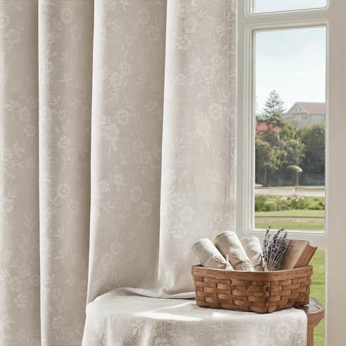 Beauoop Cream Floral Jacquard Blackout Curtains for Bedroom 52x63 2 Panels - Chenille Flower Room Darkening Drapes for Living Room Thermal Insulated 63 Inch Long Soundproof Window Treatment Grommet