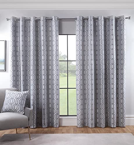 Sundour Dakota Green Geometric Fully Lined Eyelet Curtain Pair 90x72