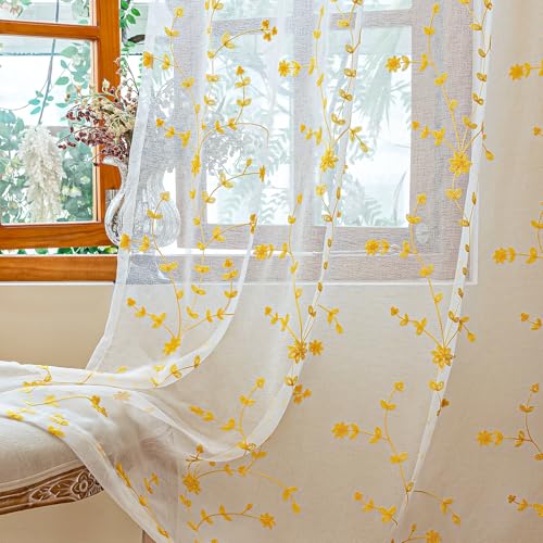 AmHoo 2 Panels Leaf Flora Embroidered Farmhouse Semi Sheer Curtain Voile Curtains for Living Room Bedroom Window Treatment White Gold Yellow 53 x 96 Inch