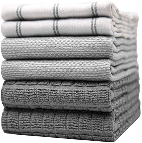 Premium Kitchen Towels (20”x 28”/ 50 x 70 cm 6 Pack) – Large Cotton Kitchen Hand Towels – Flat & Terry Towel – Highly Absorbent Tea Towels Set with Hanging Loop (Grey)