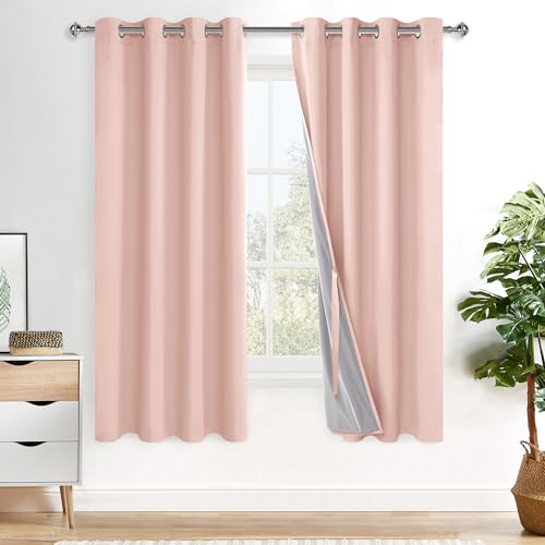 XWZO 100% Blackout Curtains 2 Panels with Tiebacks- Heat and Full Light Blocking Grommet Window Treatment with Black Liner for Kids Room, Blush Pink, W52 x L72 Inches Long, Set of 2